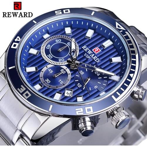 REWARD Mens Blue Dial Silver Stainless Steel Mens Military Sport Quartz Wrist Watch Top Brand Luxury Male Clock Relogio Calendar