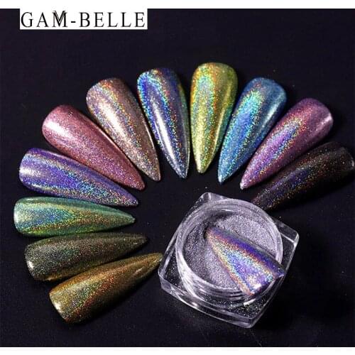 GAM-BELLE Holographic Nail Powder Glitter Pigment Laser Silver Dipping Powder Chrome Nail Art Flakes Decoration DIY Polish Tools