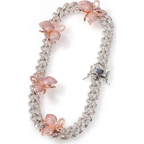 HIYONG Hip Hop Copper 9mm Micro Pave CZ Cuban Link Bracelet with Small Butterfly Ankle Punk Miami Bracelet Accept Custom Color