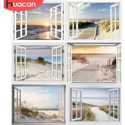 HUACAN DIY Full Square Diamond Painting Landscape Beach Diamond Embroidery Seaside Rhinestone Picture Window Home Decor