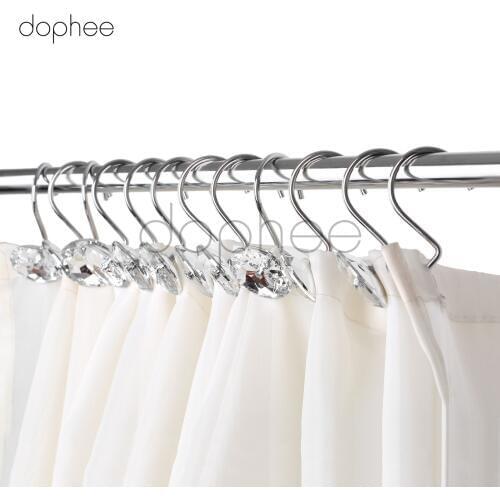 Dophee 12pcs Silvery Metal Glide Rings Curtain Hooks Durable Acrylic Crystal Rhinestones Bathroom Curtain Decoration Accessories