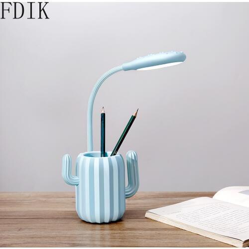 Creative Mini Cactus Led Table Lamp Blue/pink/Green Pen Holder USB Desk Light Fixtures for Home Study Room Bedroom Modern Decor