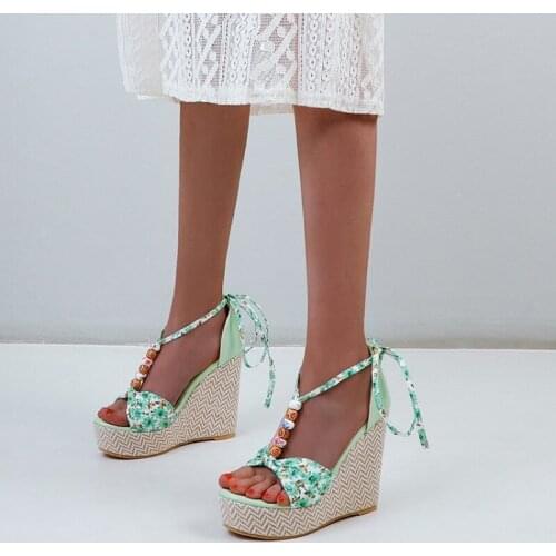 Summer new style Wedge heel fashion Womens sandals Beaded butterfly Knot Open toe womens shoes high 12.5cm plus size 34-48