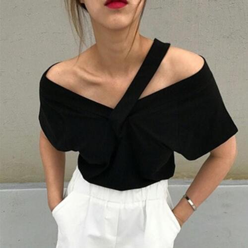 Summer V-Neck Sling Short-Sleeved T-Shirt Womens New Korean Splice Sexy Fashion Wild White Large Size Tees Female Tops WA503