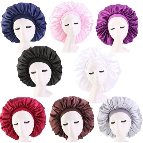 Fashion oversized black white red satin jumbo sleep cap curly hair big bonnet vendor