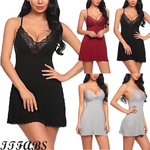 Fashion Women Sexy Lace Sleepwear Dress Sleeveless Solid Tank Top Satin Nightwear Lingerie Dress Size S-XL