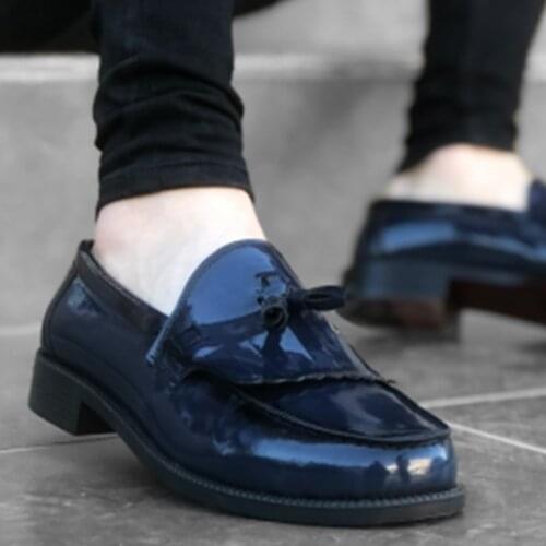 BA0062 Püsküllü Corcik Lacivert Rugan Klasik Erkek Kadın Unisex Ayakkabı Yazın Giyilir Parti Ve İş İçin Türk Malı Ucuz