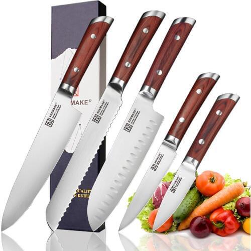 KEEMAKE 5PCS Kitchen Knives Set Chef Knife German 1.4116 Steel Blade Santoku Utility Paring Bread Cut Knives Color Wood Handle