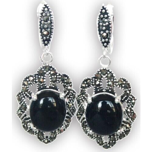 Natural Black Natural jade Chunky Gems 925 Silver & Marcasite Earrings 11/2"