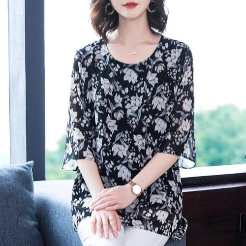 New 2021 Fashion half Sleeve Women Tops Chiffon Shirt Women Blouse Sexy floral o-neck Womens Clothing Blusas