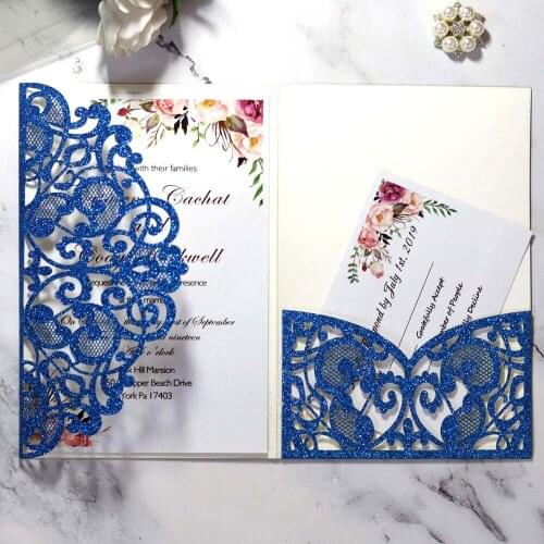 Blue Glitter Pocket Wedding Invitation with RSVP Sprinkle Laser Cut Quinceanera Invitation Cards with Customized Printing