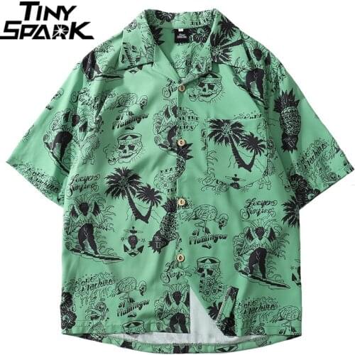 2021 Hip Hop Shirt Streetwear Men Hawaiian Shirts Graffiti Skull Tree Harajuku Summer Beach Shirt Green Tops Short Sleeve Casual