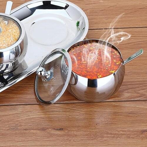 Stainless Steel Sugar Bowl Seasoning Jar Condiment Pot Spice Container Canister Cruet with Lid Spoon Kitchen Tools Gadgets Can