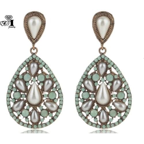 YaYi Jewelry New Blue Glass Rhinestone Dangle Crystal Earring Womens Fashion Ancient Gold Pearl Color Gem Earrings Gift