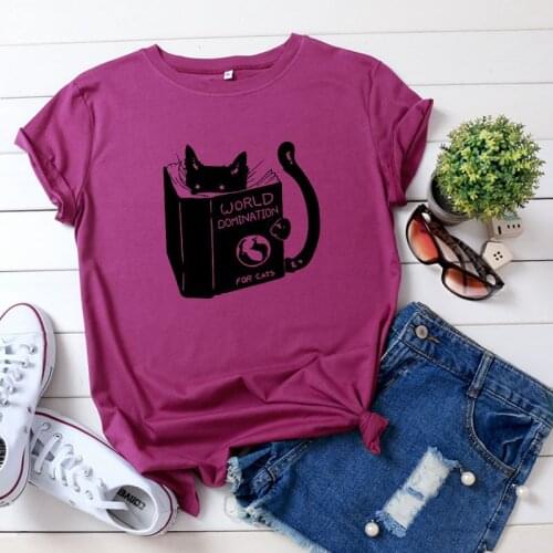 JCGO Women T Shirt Cotton Plus Size 5XL Summer Cute Cartoon Study Cat Print Short Sleeve O-Neck Casual Basic TShirts Tops Tees