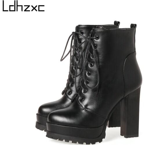 LDHZXC 2020 Women Ankle Boots Platform Square High Heel Pointed Toe Women Black Ladies Motorcycle Boots winter Size 34-43