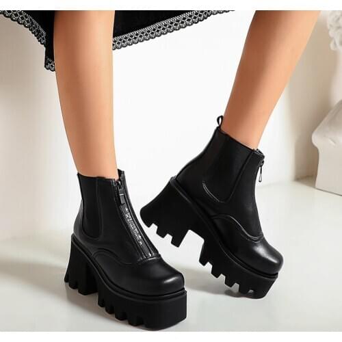 OLOMLB Womens Ankle Boots Central Zipper Punk Gothic Wedge Chunky High Heel Platform Shoes Motorcycle Plus Size 35-44