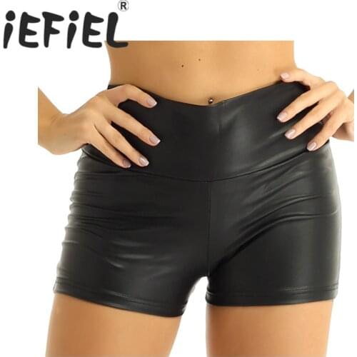 Women Female Fashion Black Hot Shorts Wet Look Faux Leather High Waist Skinny Tummy Control Booty Shorts for Dancewear Clubwear
