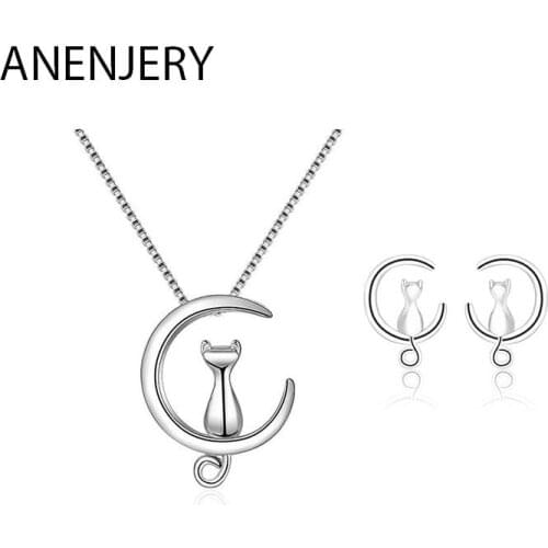 925 Sterling Silver Simple Cute Pet Cat Moon Jewelry Set Animal Necklace And Earring Party Jewelry Set For Women Gift