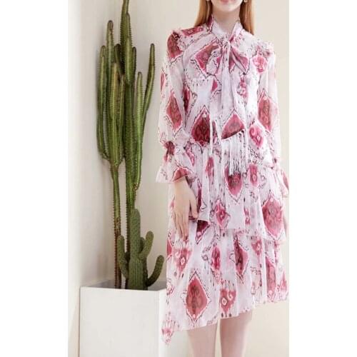 Newest HIGH QUALITY 2021 Summer Fashion Designer Runway Womens Bow Collar Print Casual Dress