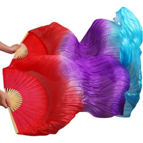 100% Silk Bamboo Ribs Dance Long Fans Handmade Dyed Belly Dance Fans Red+Purple+Turquoise 180x90cm 1 Pair Left+Right Hand Fans