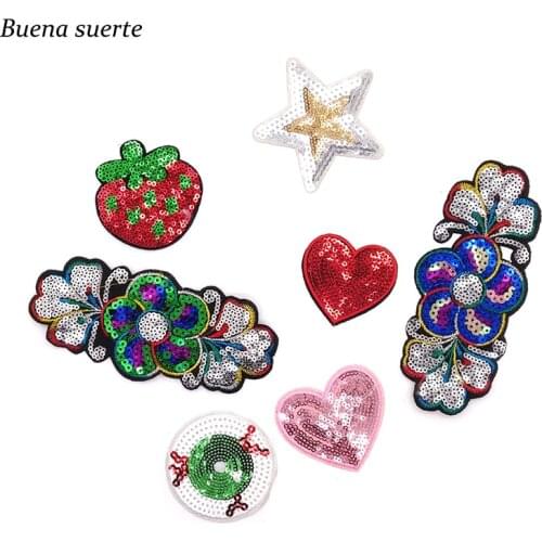 5PCS/lot Fruit Eyeball Strawberry Pink Heart Iron on Clothing Patches Stripes Applique Embroidery Sequined DIY Accessories cheap