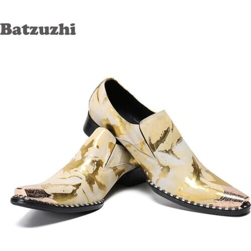 Batzuzhi Luxury Golden Leather Dress Shoes Men Pointed Metal Tip Genuine Leather Shoes Men Party & Wedding Zapatos Hombre