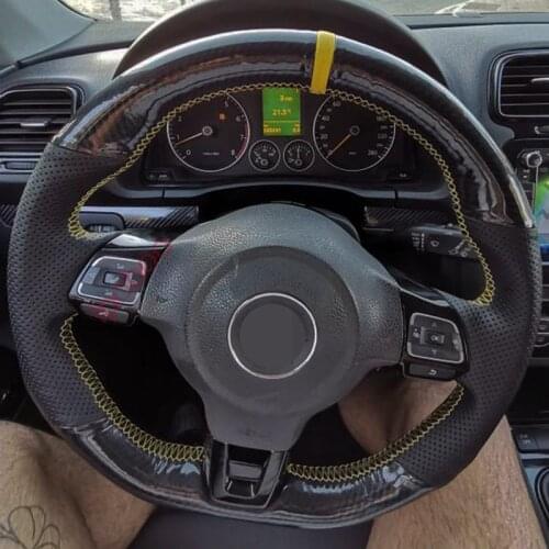 Car Steering Wheel Cover Non-slip Black Genuine Leather Carbon Fiber For Volkswagen VW Golf 6 GTI MK6 / Polo GTI / Scirocco R