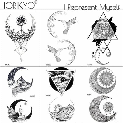 3D Black Temporary Tattoos Stickers Body Arm Triangle Moon Women Fake Tattoo Hummingbird Men Hands Art Waterproof Tatto Supplies