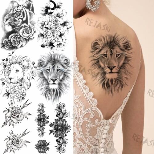 Pencil Sketch Lion Temporary Tattoos For Women Girls Tiger Rose Flower Bow Dahlia Fake Tattoo Sticker Sexy Back Tatoos Wedding