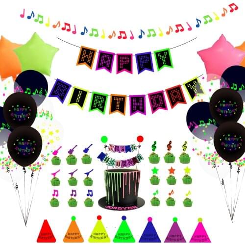 Fluorescence Neon Glow Happy Birthday Hanging Banner Garlands Bunting Balloon Hat Cap Cupcake Cake Topper Party Decoration