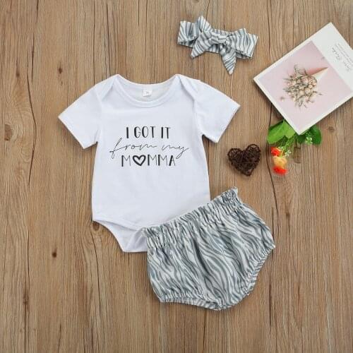 Pudcoco 3Pcs Baby Girls Boys Outfit, Summer Short Sleeve Round Collar Letter Romper + Diagonal Stripe Shorts + Bow Headwear