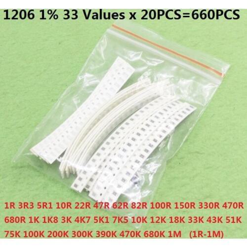 1206 0805 0603 Resistor Kit (1R~1M 1%) 33 Values x 20PCS=660PCS Pack Sample Kit Assorted 1K 10K 150R 330R 470R 1.8k 3k 4.7k 5.1k