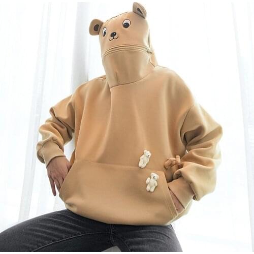 Korean Style Trendy Loose Bear Pullover Long Sleeve Hooded Mens Hoodie Zipper Pocket Solid Color Cute Cartoon Jacket for Men