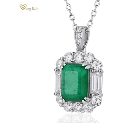 Wong Rain 100% 925 Sterling Silver Emerald Created Moissanite Gemstone Engagement Pendant Necklace Women Fine Jewelry Gift