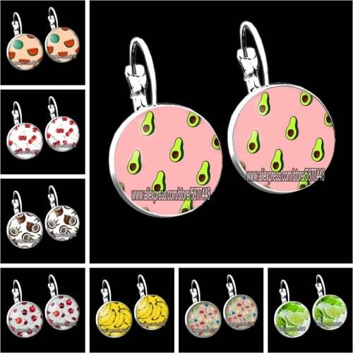 Cute Fruit Women Stud Earring Lovely Avocado and Cherry Girl Earring 15mm Glass Cabochon Earrings Gift