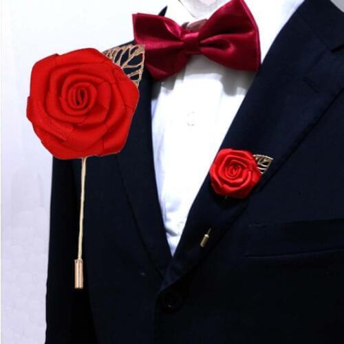 New1Pcs Best Man Groom Boutonniere Silk Satin Rose Flower men buttonhole Wedding Party Prom Man Suit Corsage Pin Brooch