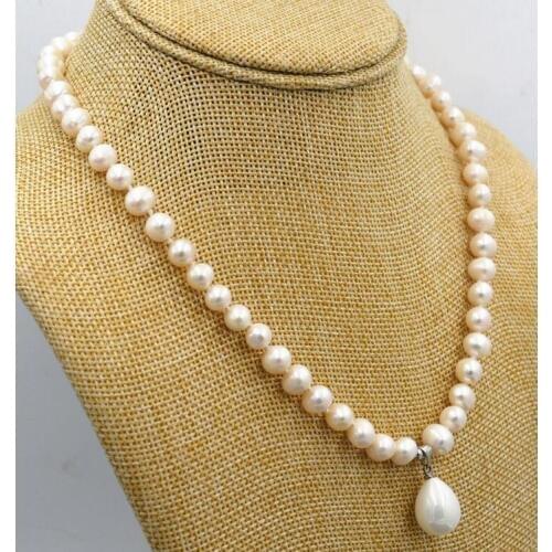New Fashion 7-8mm White Cultured Pearl & Shell Pearl Pendant Necklace 18"