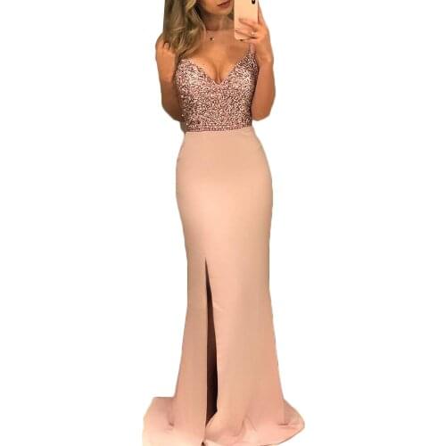 New Fashion Women Ladies Sequins Long Evening Party Sleeveless Dresses Bodycon Party Ball Gown Formal Dress Black Pink