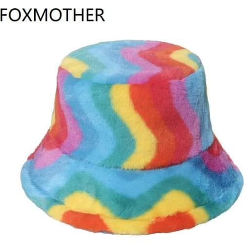 FOXMOTHER Multicolor Rainbow Striped Gorros Panama Faux Fur Fluffy Bucket Hats Winter Caps For Women Fashion 2021