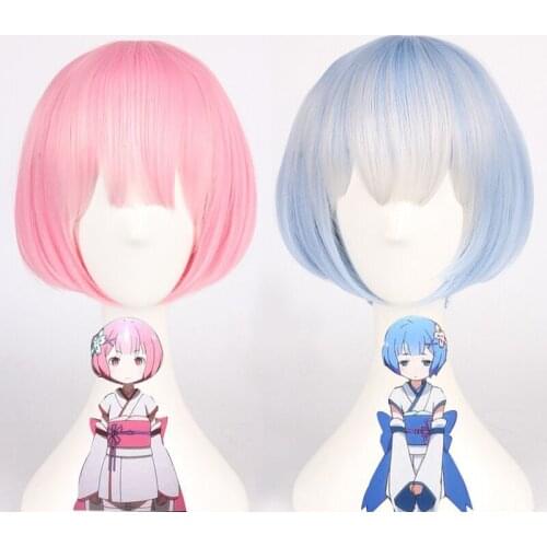Re:life in a Different World from Zero wig Ram Rem Short Blue Pink Synthetic Hair graduated color REM RAM Cosplay Wigs girls