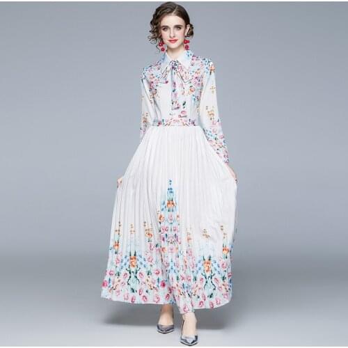 Long Sleeve Pleated Dresses Printed Fashion Shirt Long Dress Ankle-Length Regular Turn-down Collar Floral White Dress Women