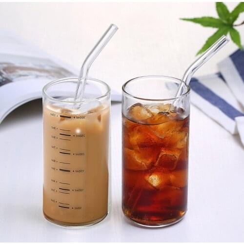 Transparent Glass Cup Creative Measuring Cups Milk Yogurt Coffee Tea Cup With Scale Durable Tea Juice Cup With Straw 300ml
