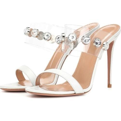 Summer Ladies Crystal studs Clear PVC Slipper Sandals Thin Heels Female High-heeled Slide open toe Slingbacks Sandalias Shoes