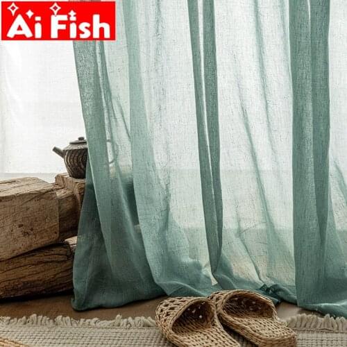 Nordic Solid Peacock Blue with Wrinkle Design Tulle For Living Room Japanese Cotton Linen Sunscreen Windproof Balcony Gauze #35