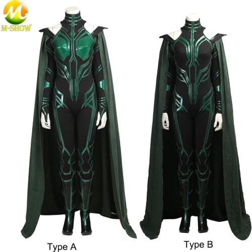 Supervillain Hela Cosplay Costume Green Jumpsuit with Cape Boots Women Outfit for Halloween Carnival Party Custom Made