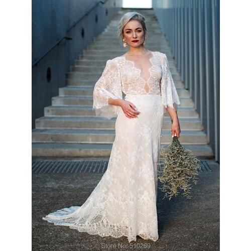 High Quality Gorgeous Soft Lace V Neck Plunging Back Robe De Mariage Bridal Gowns Custom Made Wedding Dresses