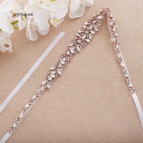 SESTHFAR Rhinestones Wedding Belt Gold Crystal Belt Hand Made Bridal Dress Belt For Woman Dress