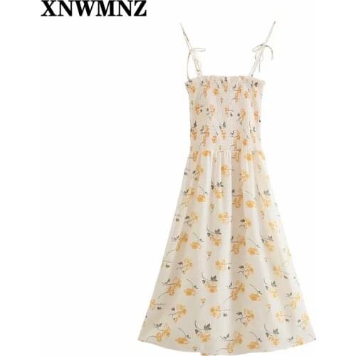 XNWMNZ dresses for women 2021 Chic Yellow Floral Print Adjust Spaghetti Straps Sexy Tank Vestidos Vintage Tube Top Midi Dress