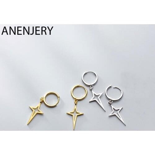 ANENJERY 925 Sterling Silver Prevent Allergy Earrings Geometric Hollow Star Cross Pendant Hoop Earrings For Women S-E1087